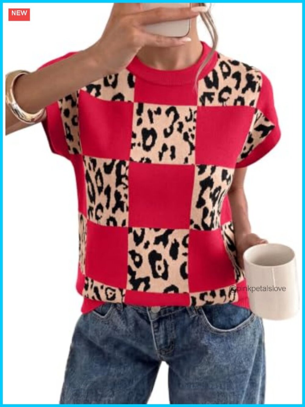 Sweater Vest Womens Short Sleeve Leopard Print Tops Fall Casual Loose Fit